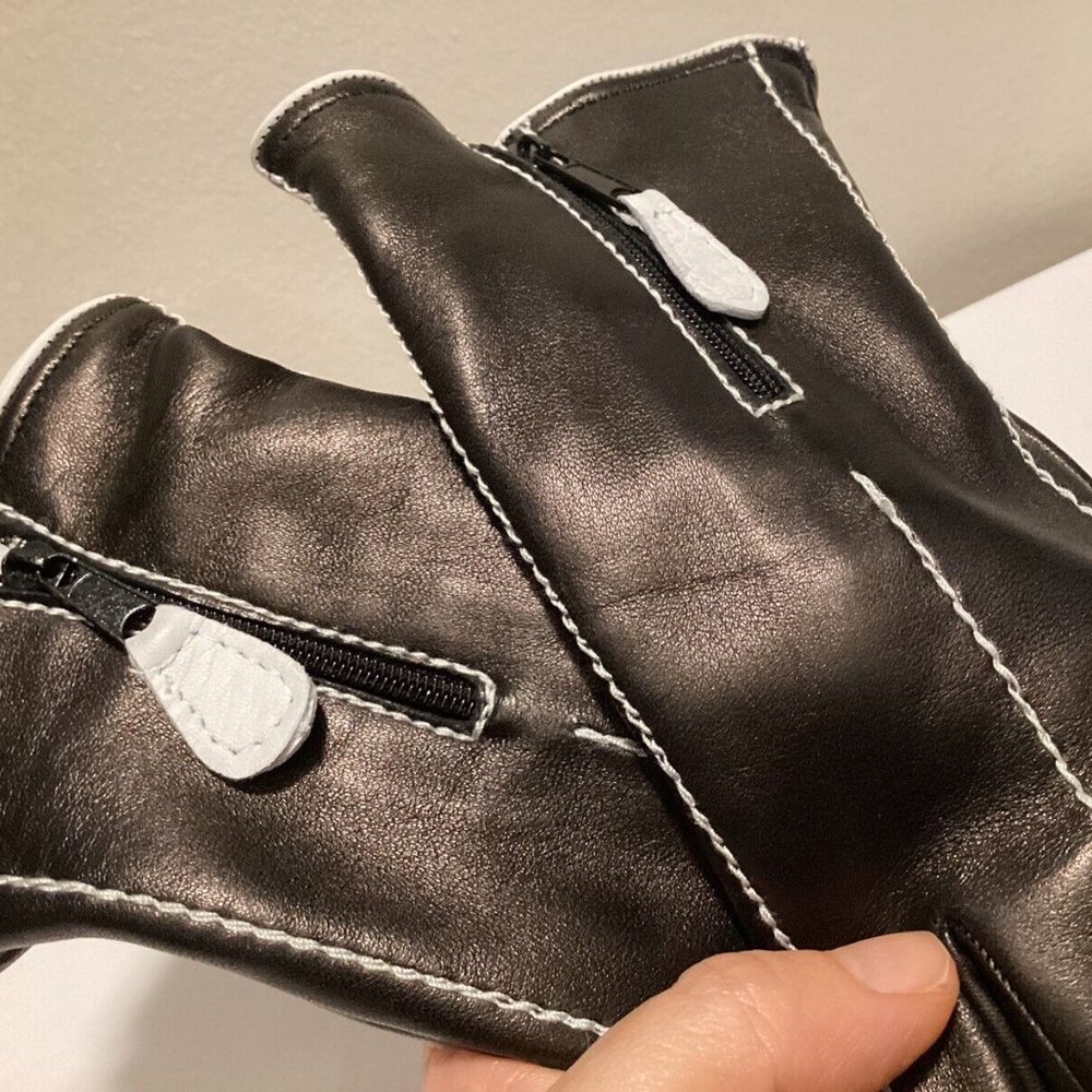 Solo Classe Black & White Leather Cashmere Lined Zip Gloves 6.5